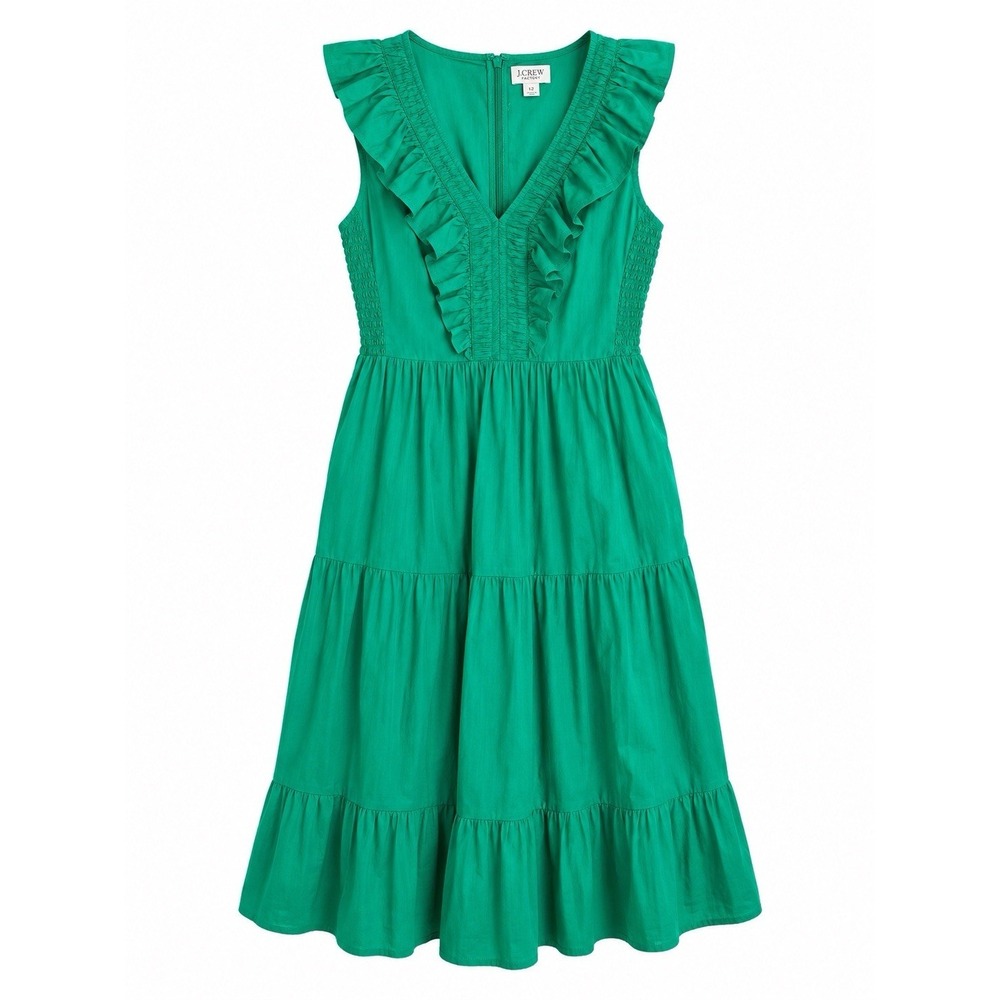J.Crew Factory Dress 12 Green Ruffle Midi Coastal Chic Resort Wear Pockets